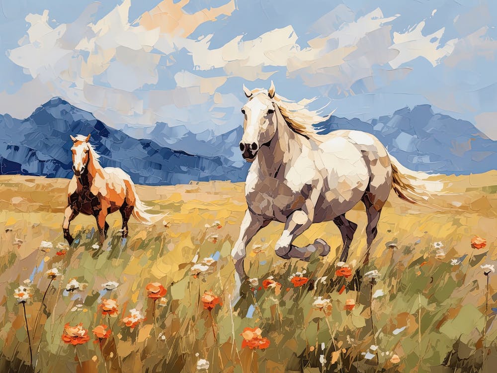 Horses Painting In Rocky Mountains Colorado, Usa, Landscape 1