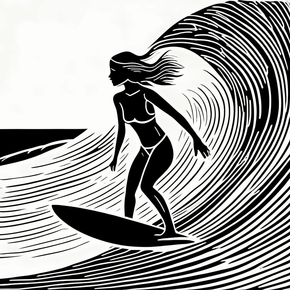 Linolschnitt Schwarz-Weiß Surfer-Mädchen auf einer Welle Kunst, Surferkunst, 247