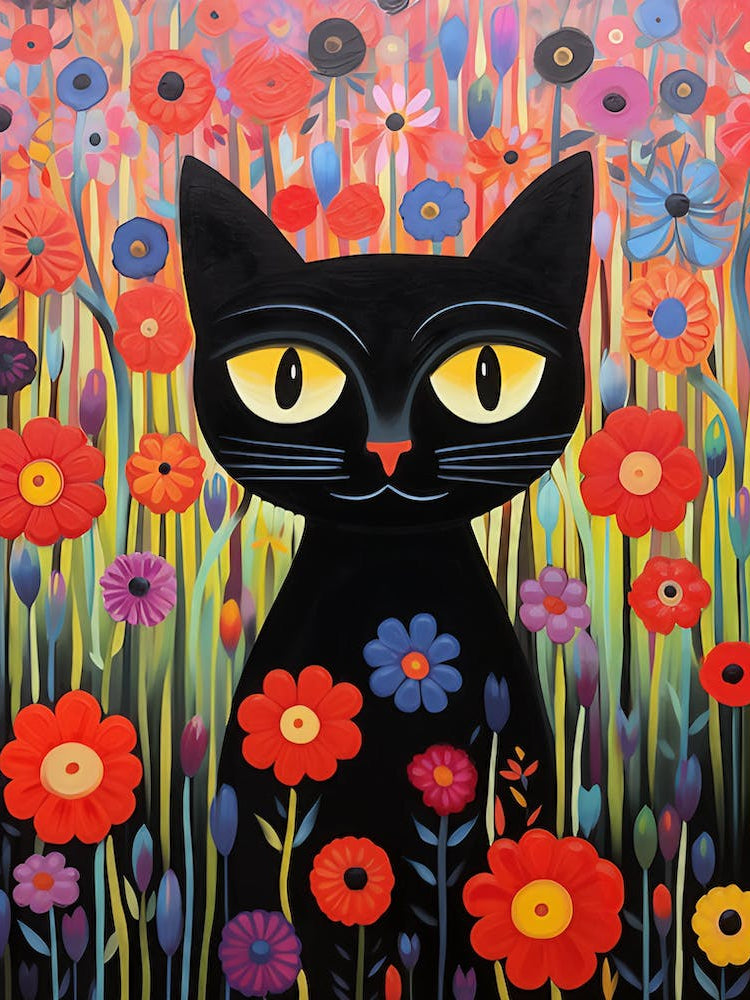 Black Cat In Flowers