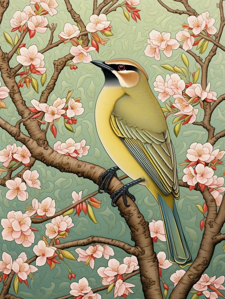 Ohara Koson Inspired Bird Painting Cedar Waxwing 1