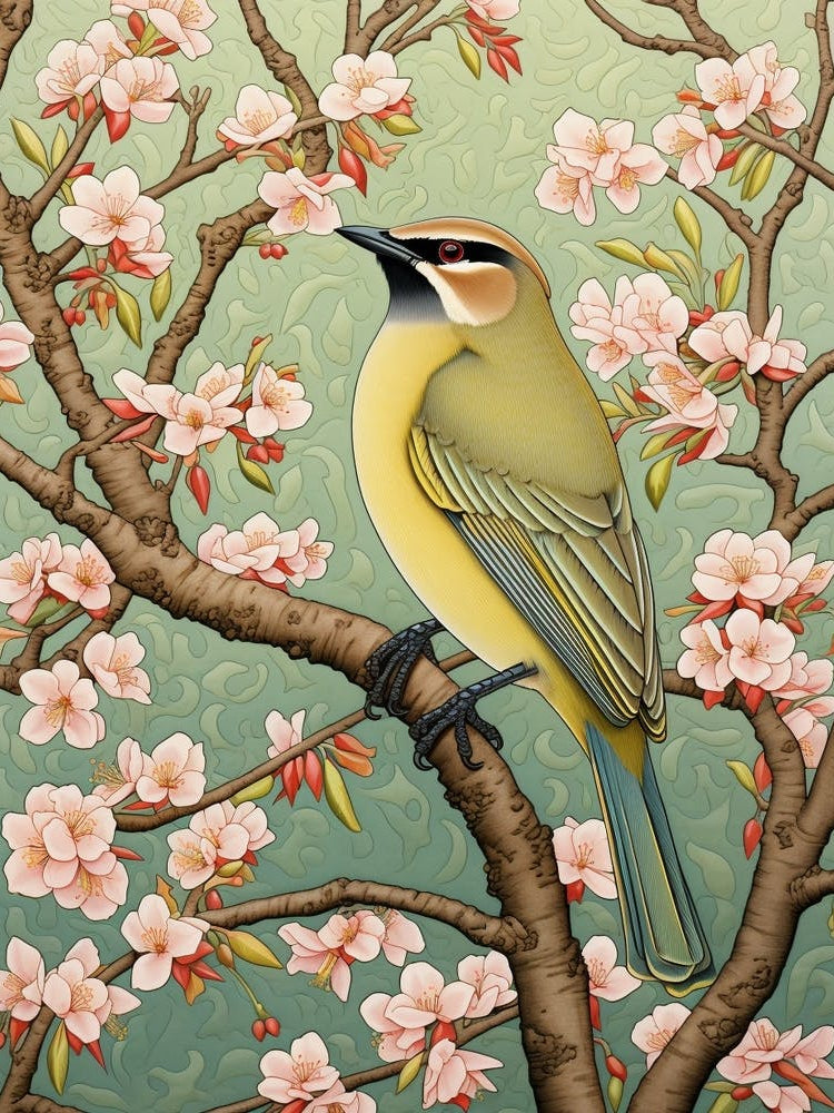 Ohara Koson Inspired Bird Painting Cedar Waxwing 1