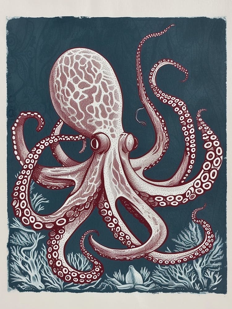 Detailed Octopus On The Ocean Floor Linocut Inspired 1