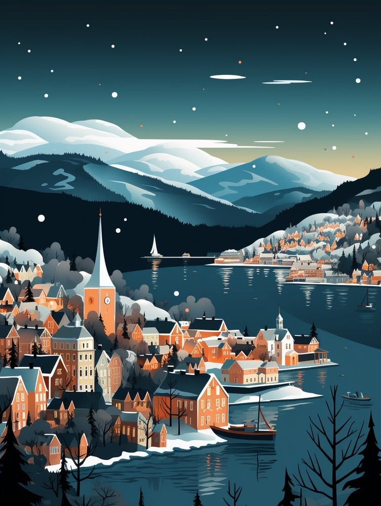 Winter Travel Night Illustration Bergen Norway 1