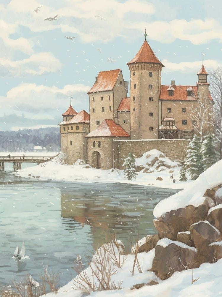 Vintage Winter Illustration Trakai Castle Lithuania 1