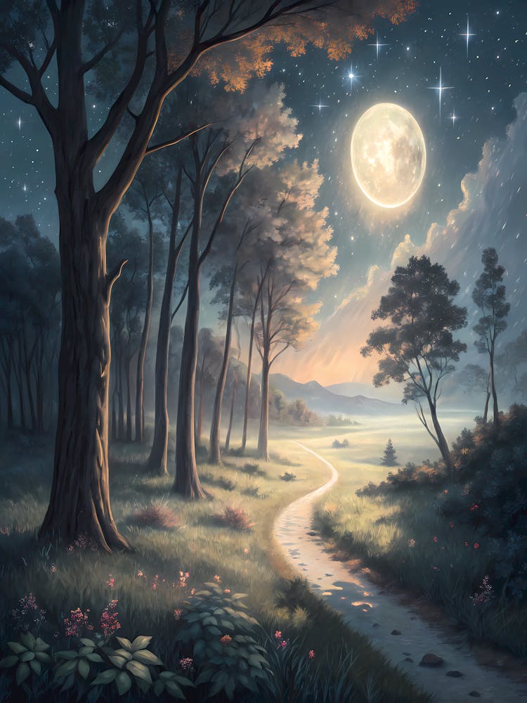 Oil Painting Style Moonlit Forest Path Ethereal Landscape with Stars & Sky