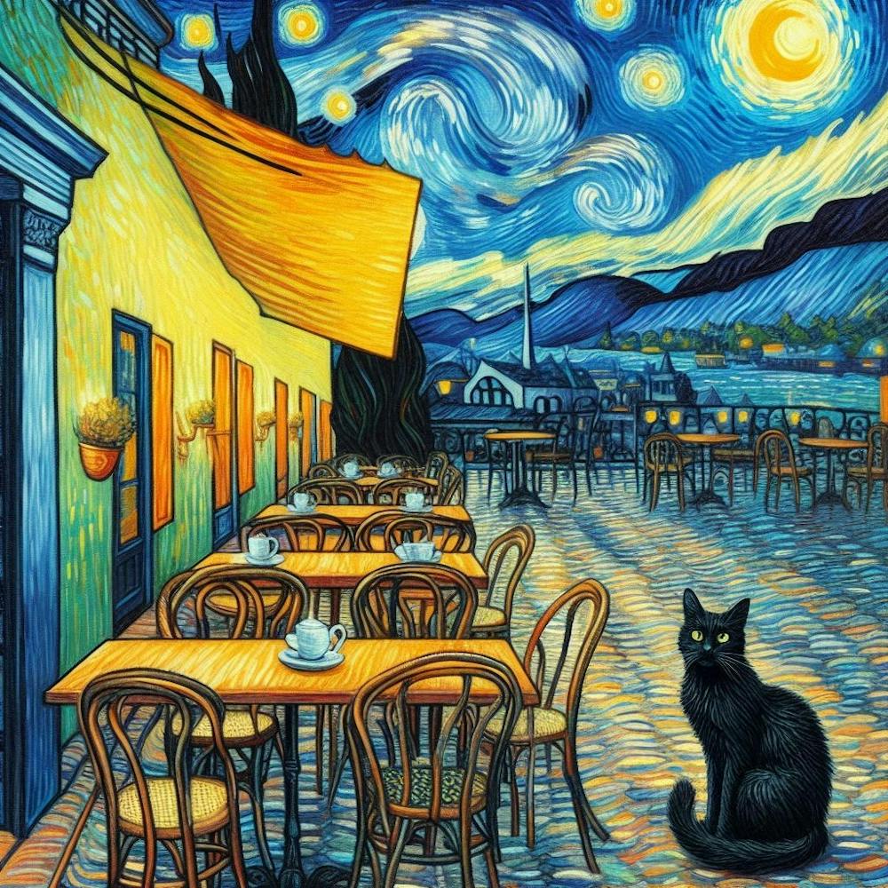 cafe terrace Starry Night with cat 1