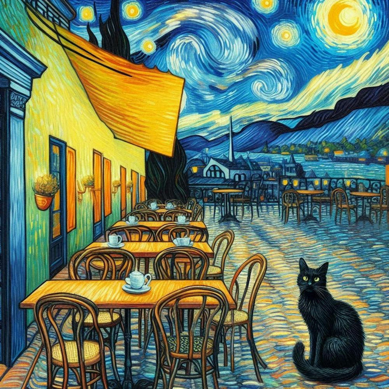 Caféterrasse Starry Night mit Katze 1