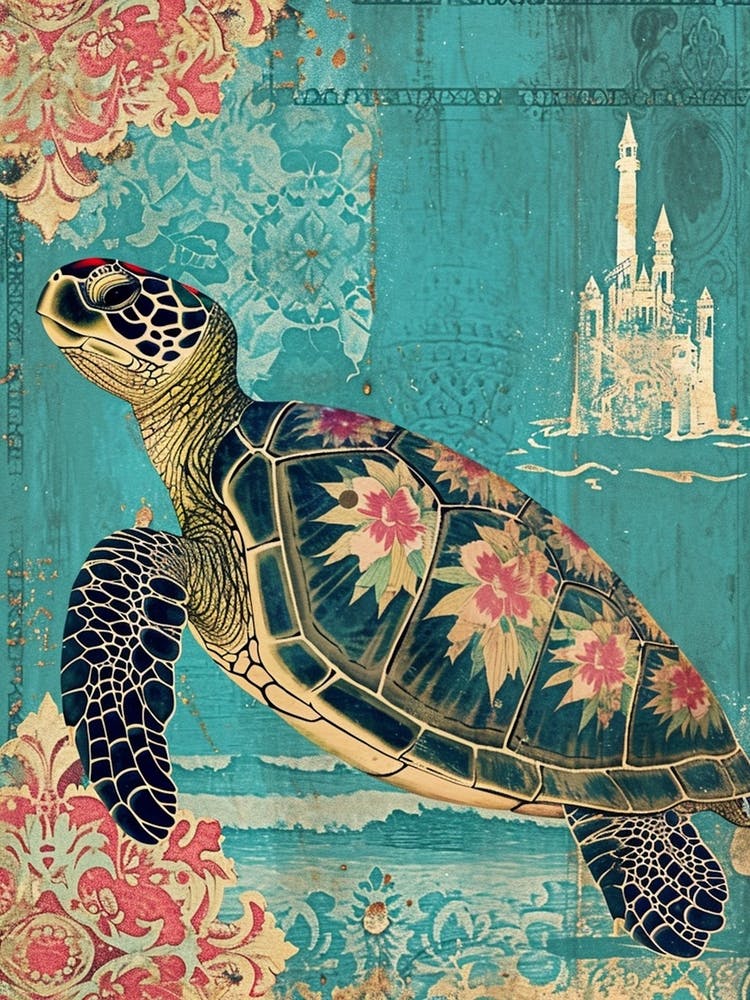 Floral Sea Turtle With An Underwater Castle