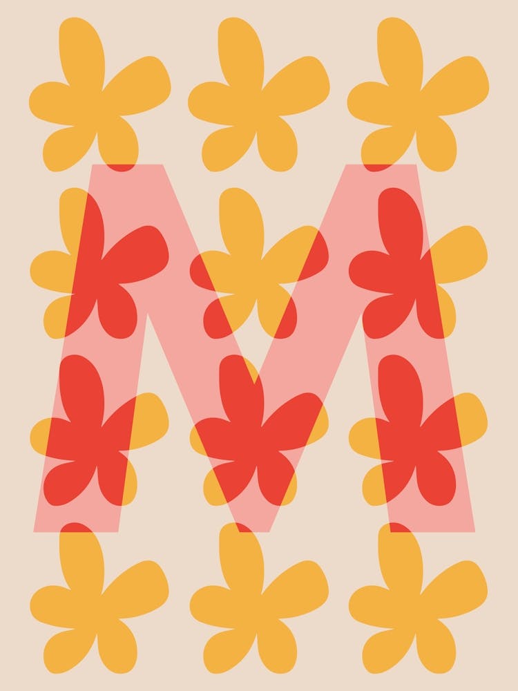 Alphabet Flower Letter M Print - Pink, Yellow, Red