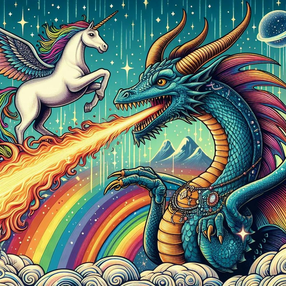 Unicorn And Dragon On A Rainbow