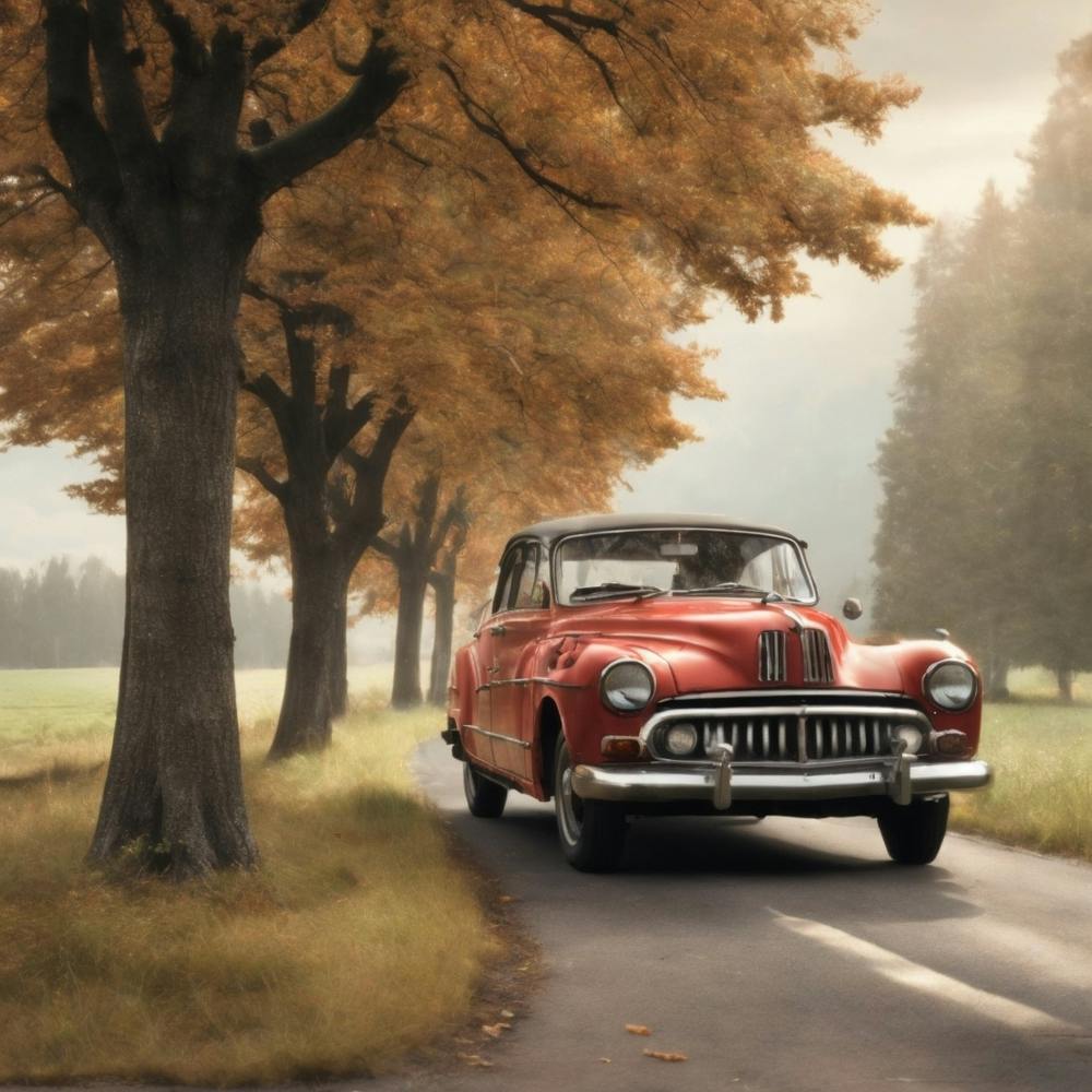 Red Vintage Car On A Country Road