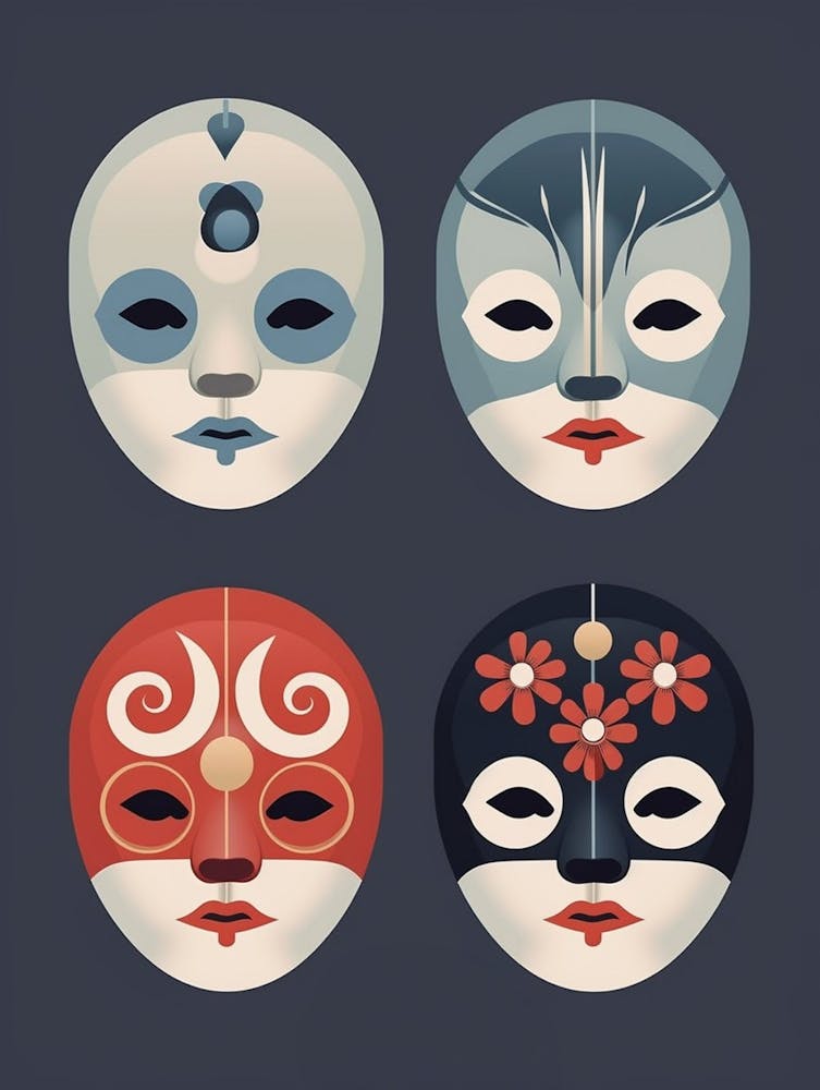 Noh Masks Japanese Style Illustration 23