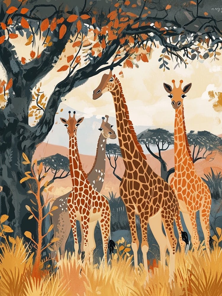 Herd Of Giraffes Resting Under The Tree Modern Illiustration 8