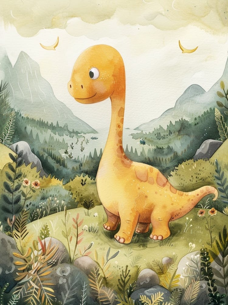 Cute Dinosaur In The Wild Storybook Style Painting 1