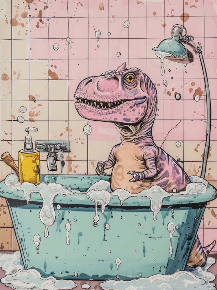 Dinosaur In The Bubble Bath Pastel Pink Abstract Illustration 2