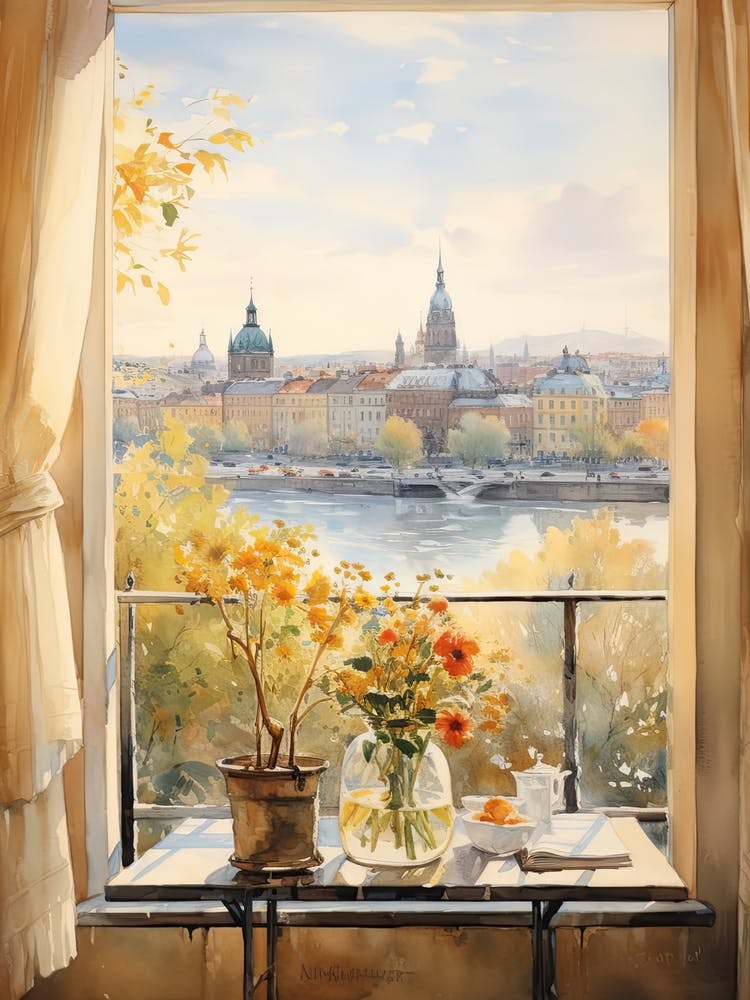 Window View Of Stockholm Sweden In Autumn Fall, Watercolour 3