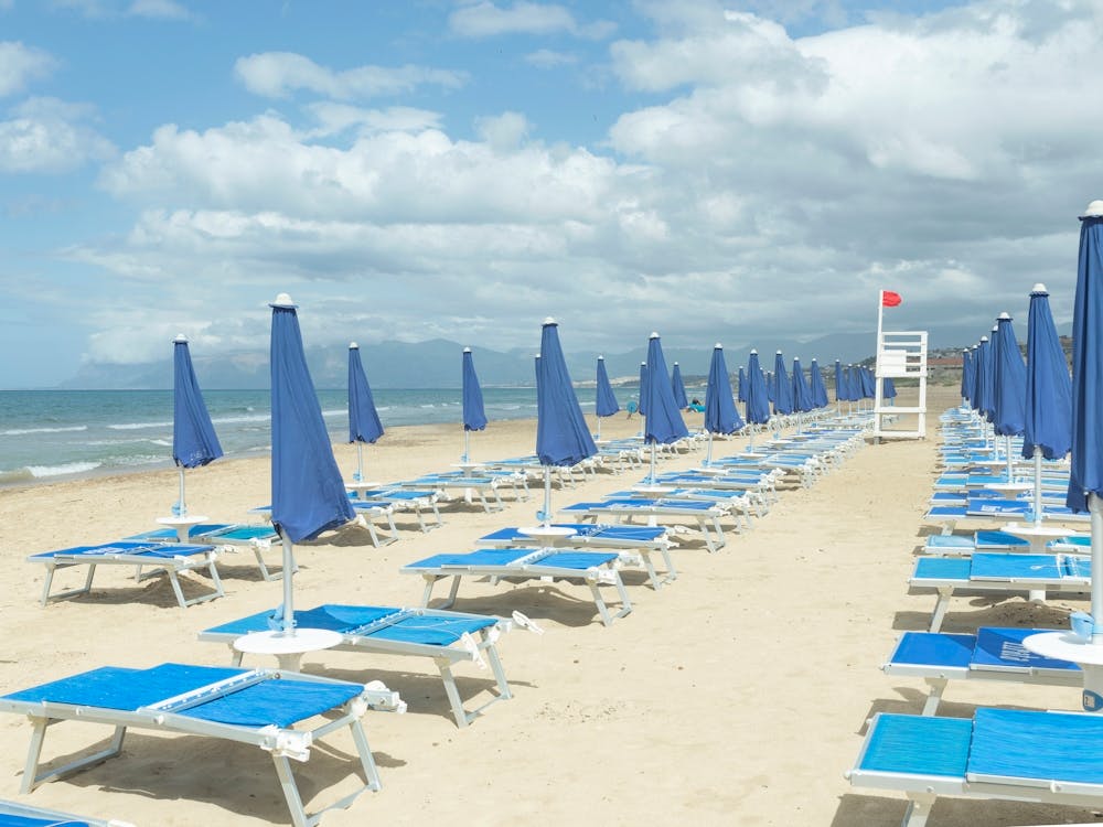 Blue Italian Umbrellas - Sicilian Beach Sunbeds - Italy Travel Photography