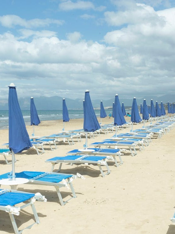 Blue Italian Umbrellas - Sicilian Beach Sunbeds - Italy Travel Photography