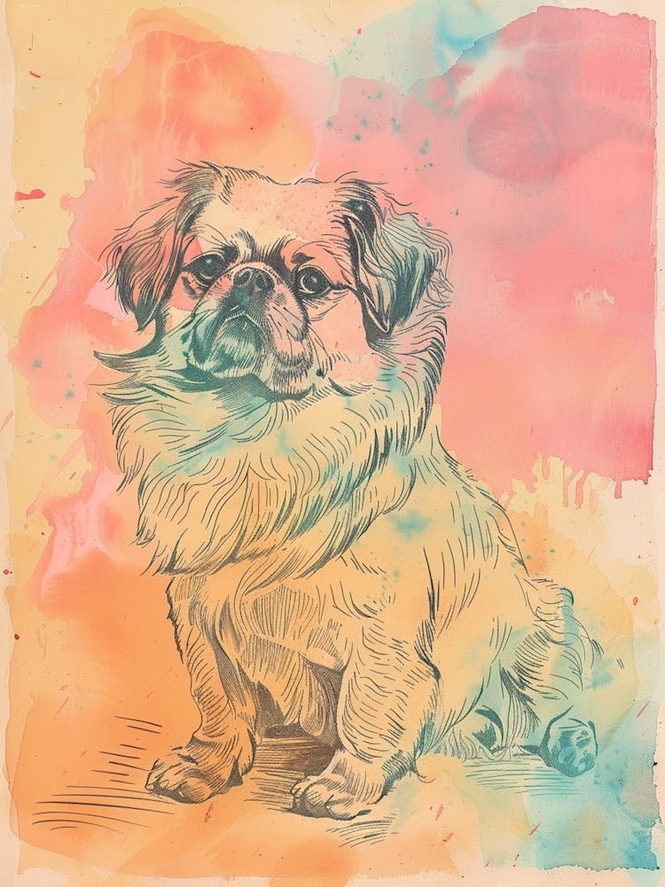 Pekingese Dog Pastel Line Watercolour Illustration  3