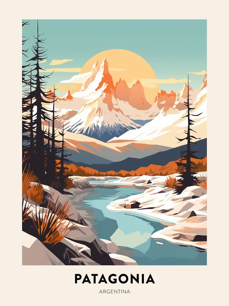 Vintage Winter Travel Poster Patagonia Argentina 3