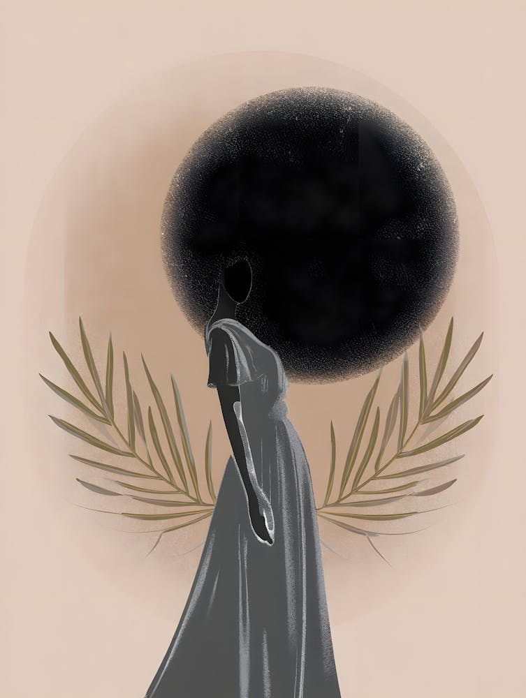 Mysterious Figure Under a Black Sphere: Surreal Art with Palm Fronds