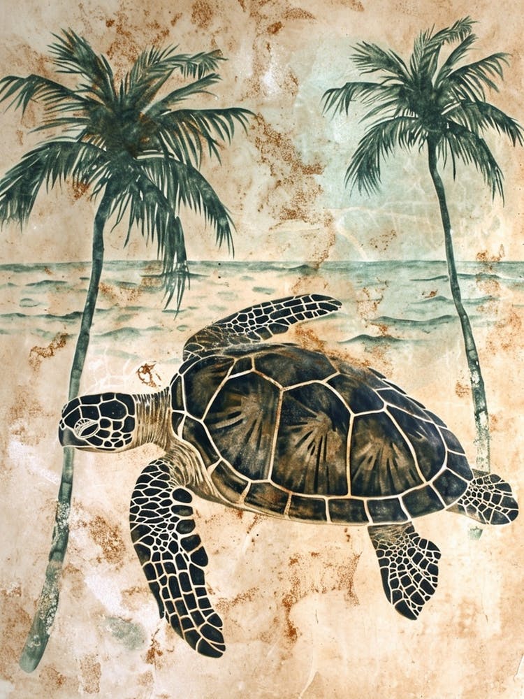 Sea Turtle & Palm Trees On The Beach 2