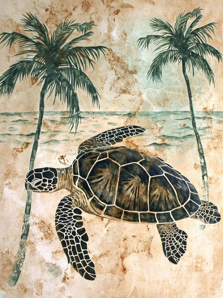 Sea Turtle & Palm Trees On The Beach 2
