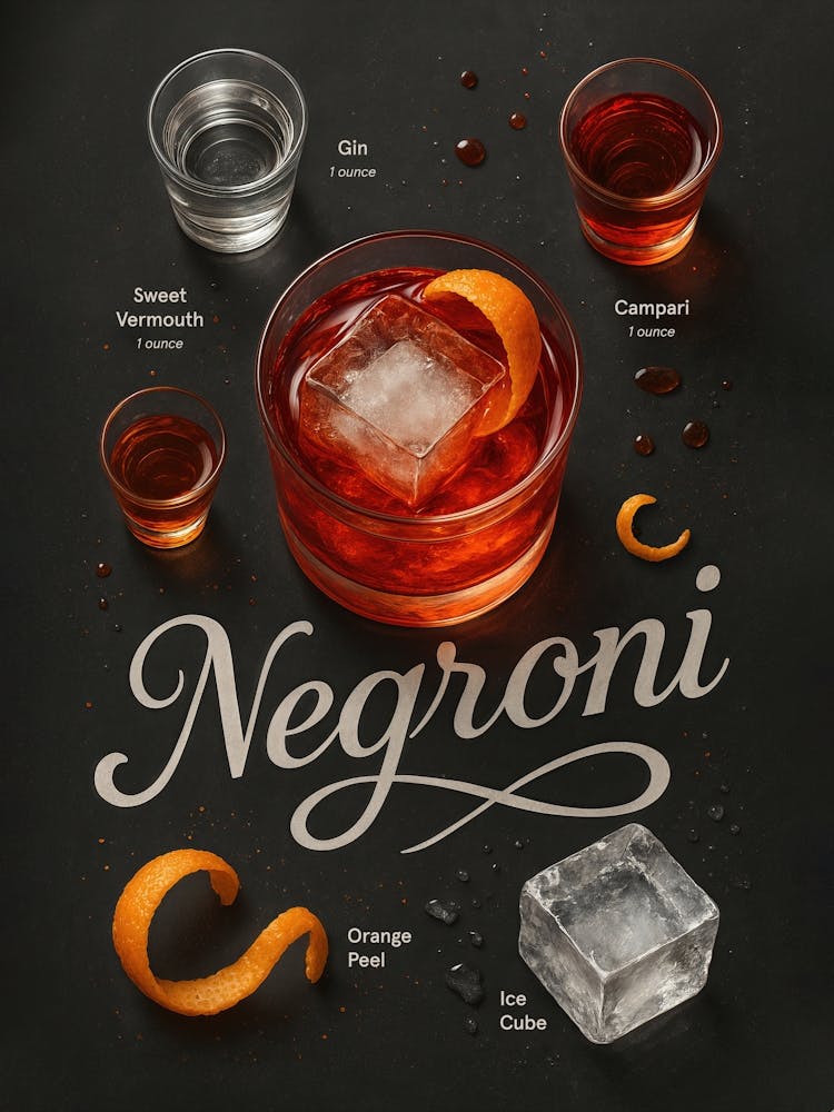 Negroni Poster – Bitter-Sweet Italian Aperitif Cocktail: Bold red tones and Italian charm – the Negroni blends gin, Campari, and orange in an elegant aperitif. This cocktail poster brings bar-style sophistication to any pub, kitchen, or restaurant – a mus