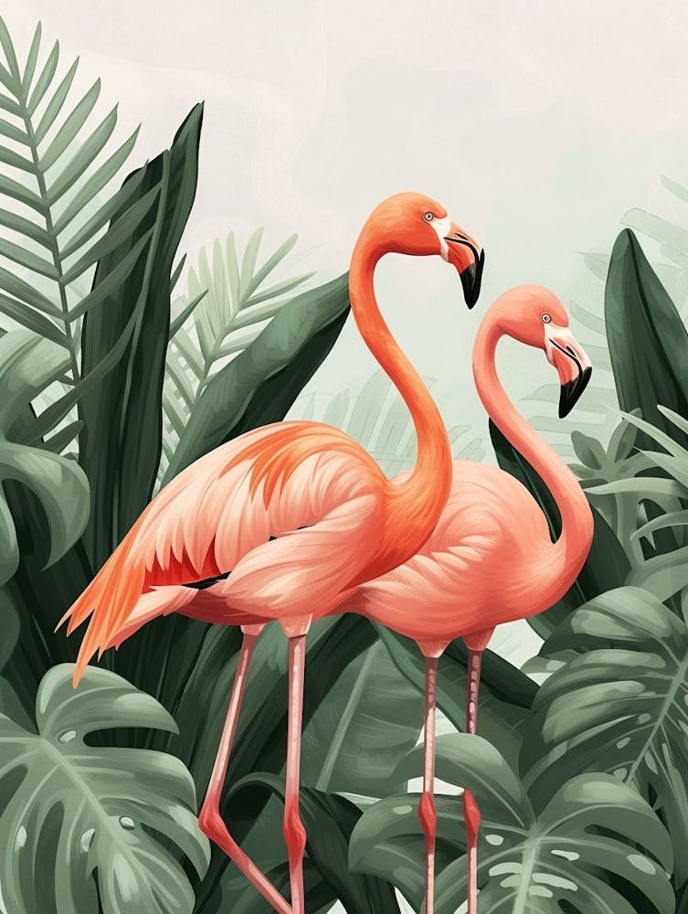 Lesser Flamingo And Philodendrons Minimalist Illustration 3