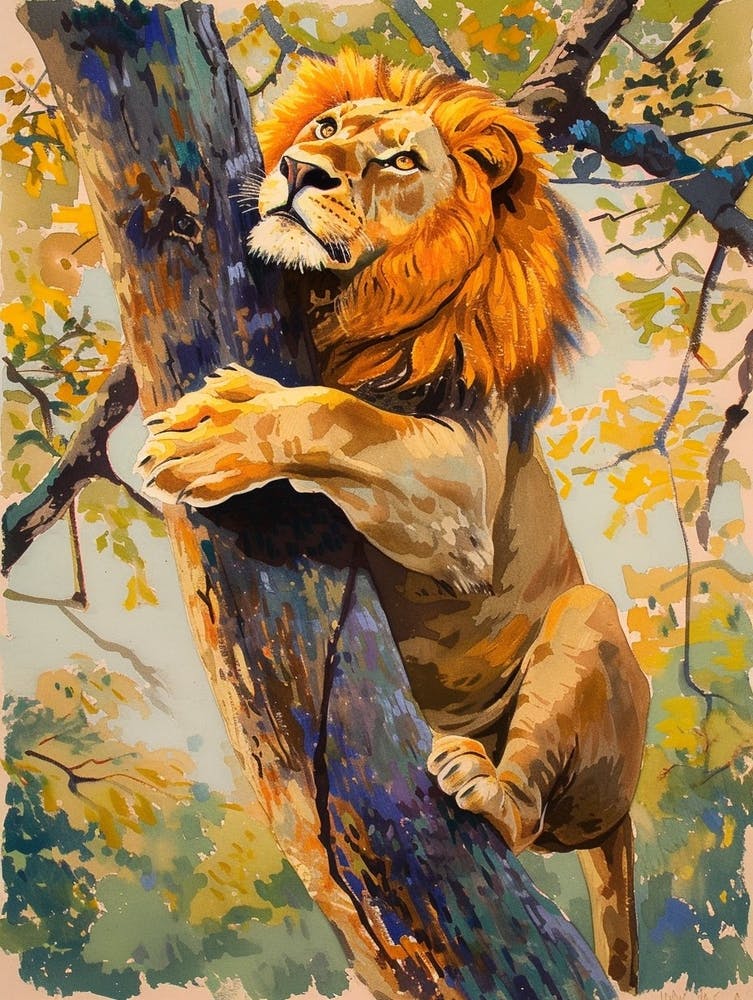Southwest African Lion Climbing A Tree Fauvist Painting 4