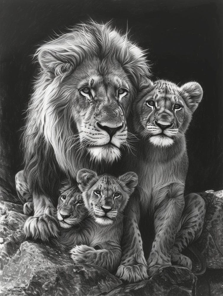 African Lion Charcoal Drawing Family Bonding 1