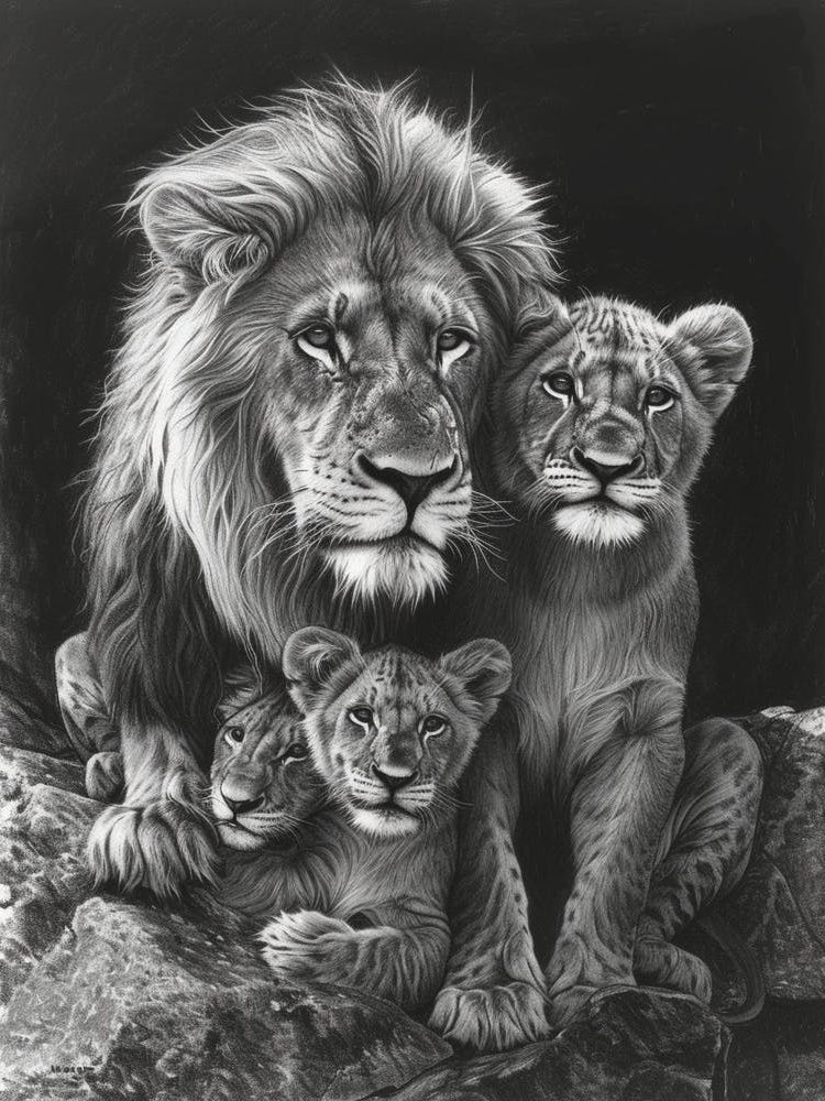 African Lion Charcoal Drawing Family Bonding 1