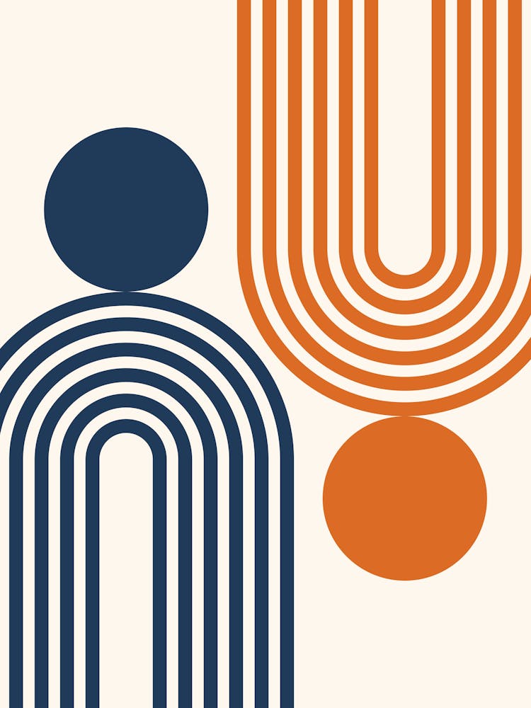 Mid Century Modern Geometric 461 In Navy Blue And Orange Rainbow And Sun Abstraction 01