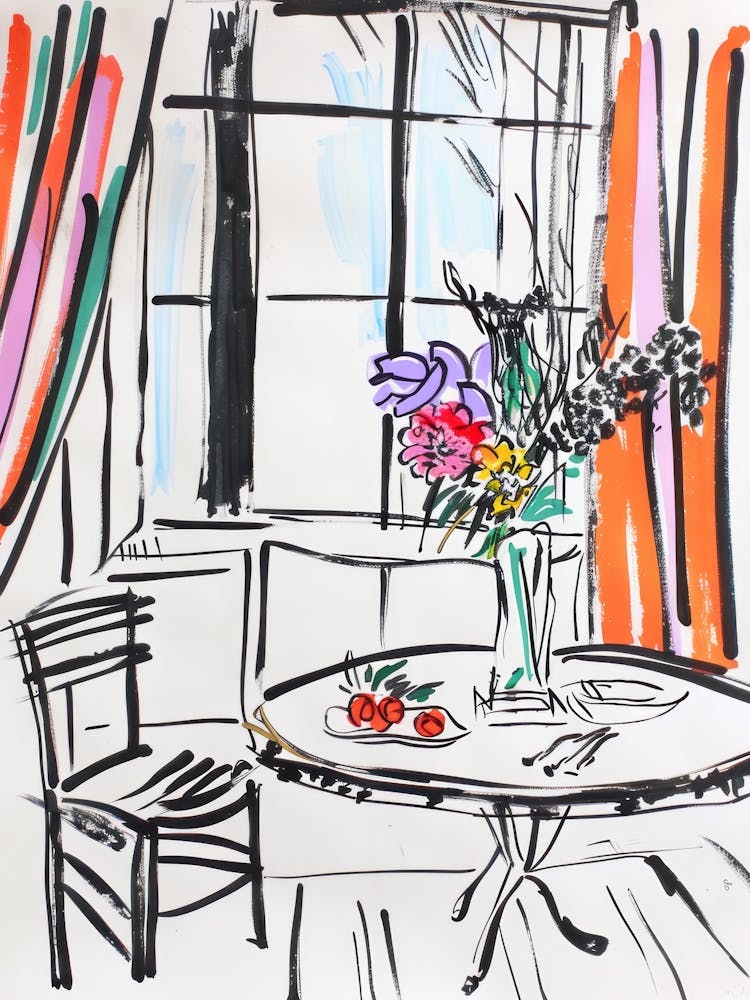 Room with Flowers on the Table. Matisse Style Interior Sketch