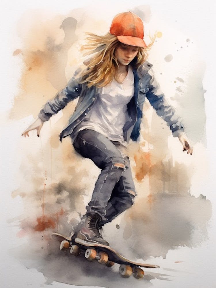 Girl Skateboarding In Copenhagen, Denmark Watercolour 1