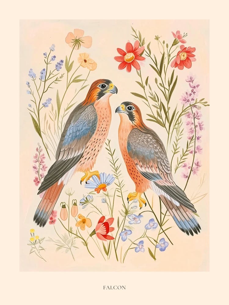 Folksy Floral Animal Drawing Falcon 5 Poster