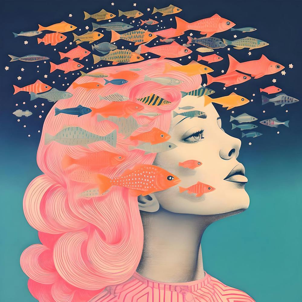 Risograph Style Surreal Woman & Fish, Candy Colours 9