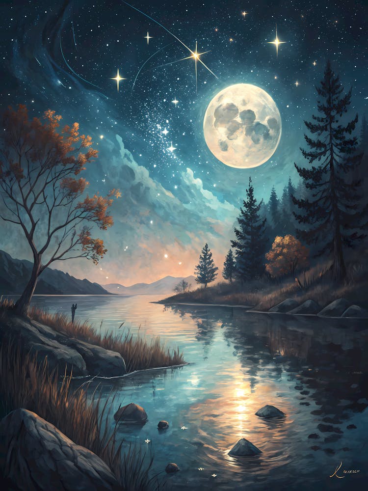 Oil Painting Style Starry Lakeside Night Moon, River & Forest Landscape