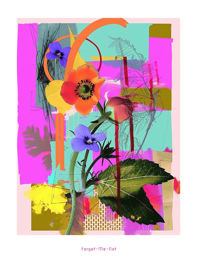 Forget Me Not 5 Neon Flower Collage Poster