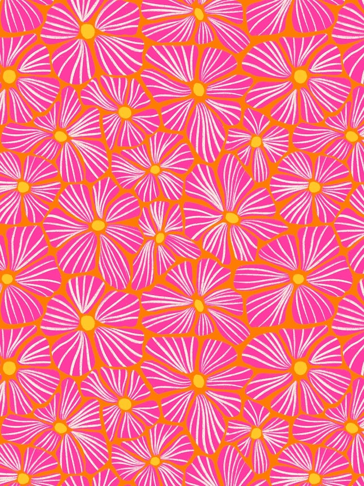 Flower Mosaic Textured Blooming Florals Scarlet, Hot Pink, Yellow