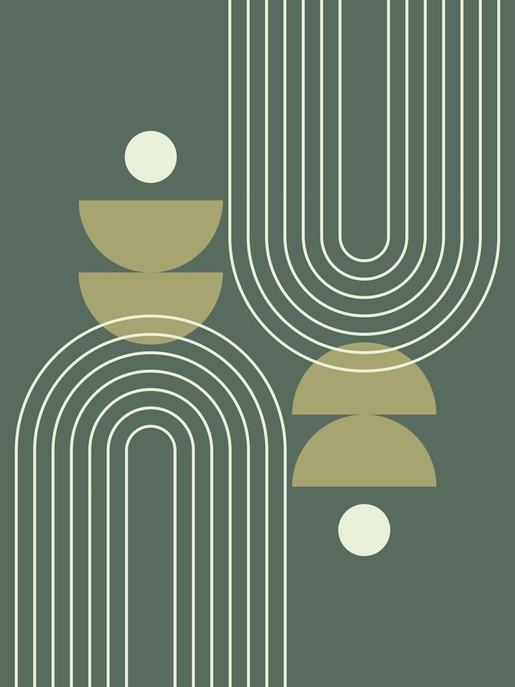 Modern Mid Century Sun, Moon Phases and Rainbow Abstract 20 in Forest Sage Green