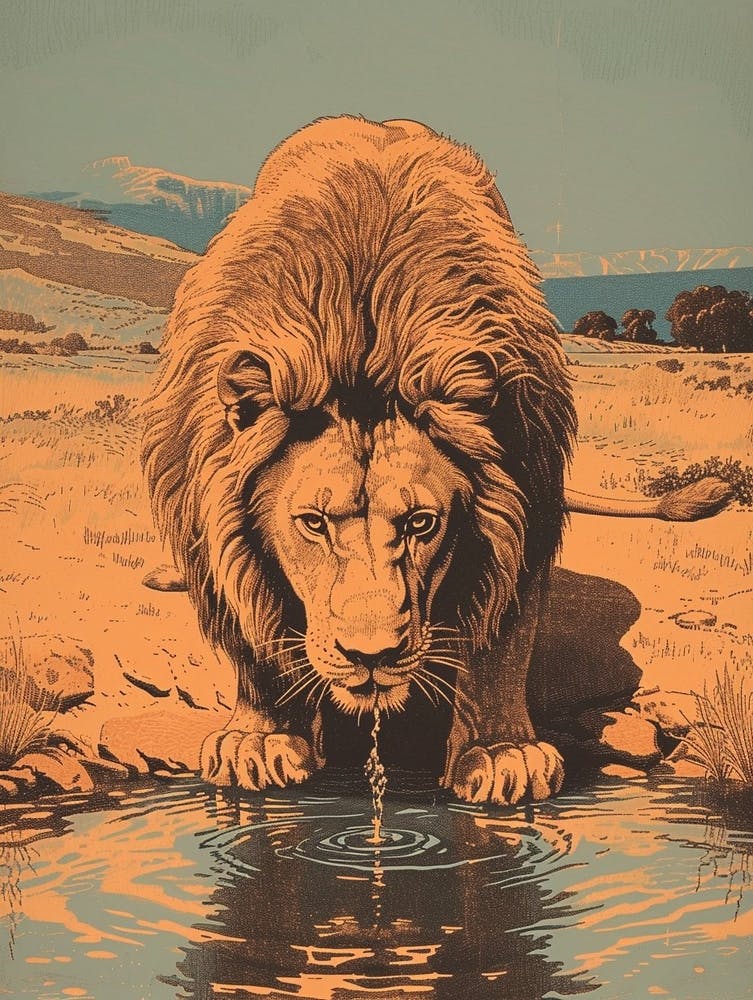 Barbary Lion Relief Illustration Drinking 2