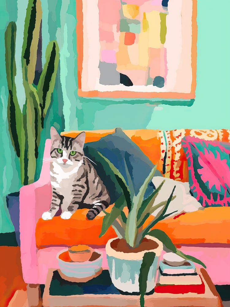 Tabby Cat On A Sofa In Boho Living Room Painting Animal Lovers