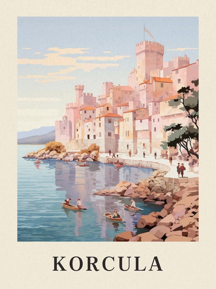 Korcula Kroatien 2 Reiseillustration in Vintage-Rosa Poster