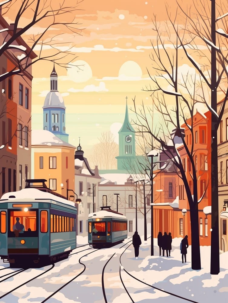 Vintage Winter Travel Illustration Helsinki Finland 2