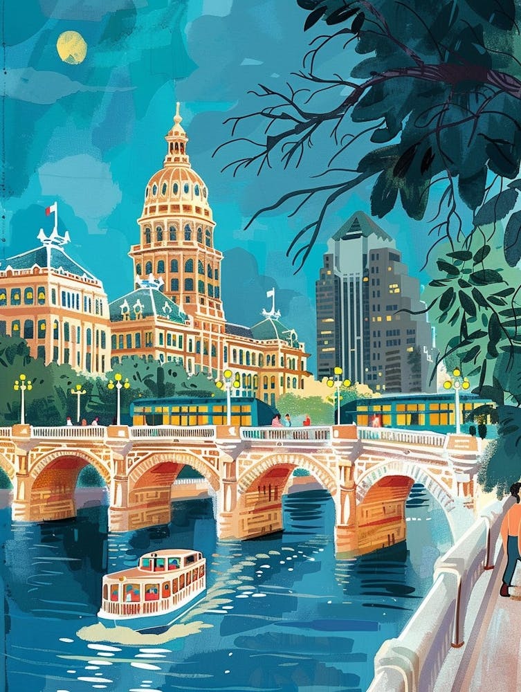 Märchenbuch-Illustration Congress Avenue Bridge Austin Texas 3