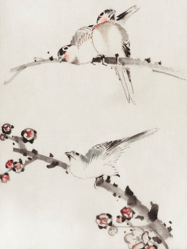 Trois Oiseaux Perchés Sur Des Branches, L'un Avec Des Fleurs, Katsushika Hokusai