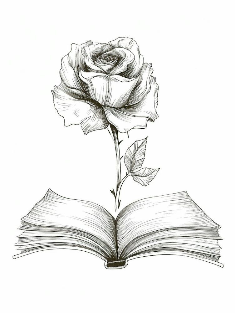 English Rose In A Book Line Drawing 3