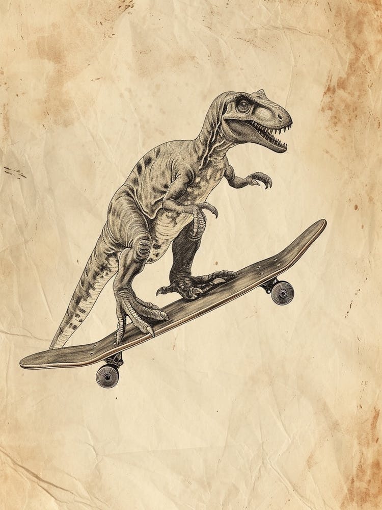 Vintage Compsognathus Dinosaur On A Skateboard 1
