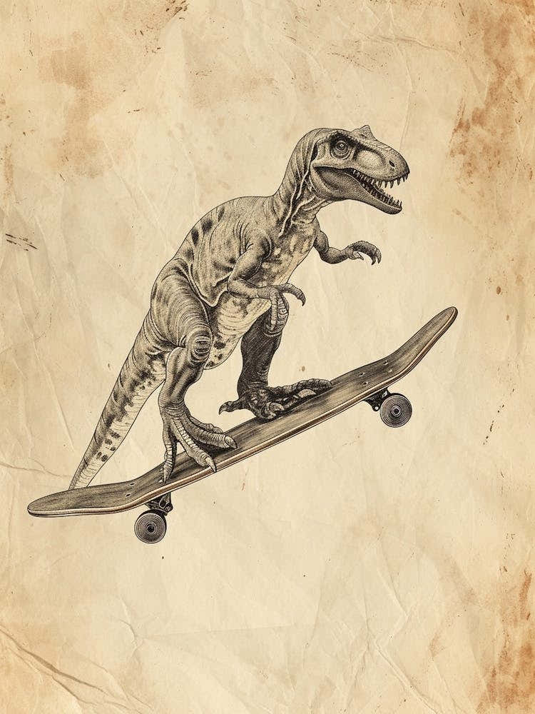 Vintage Compsognathus Dinosaur On A Skateboard 1